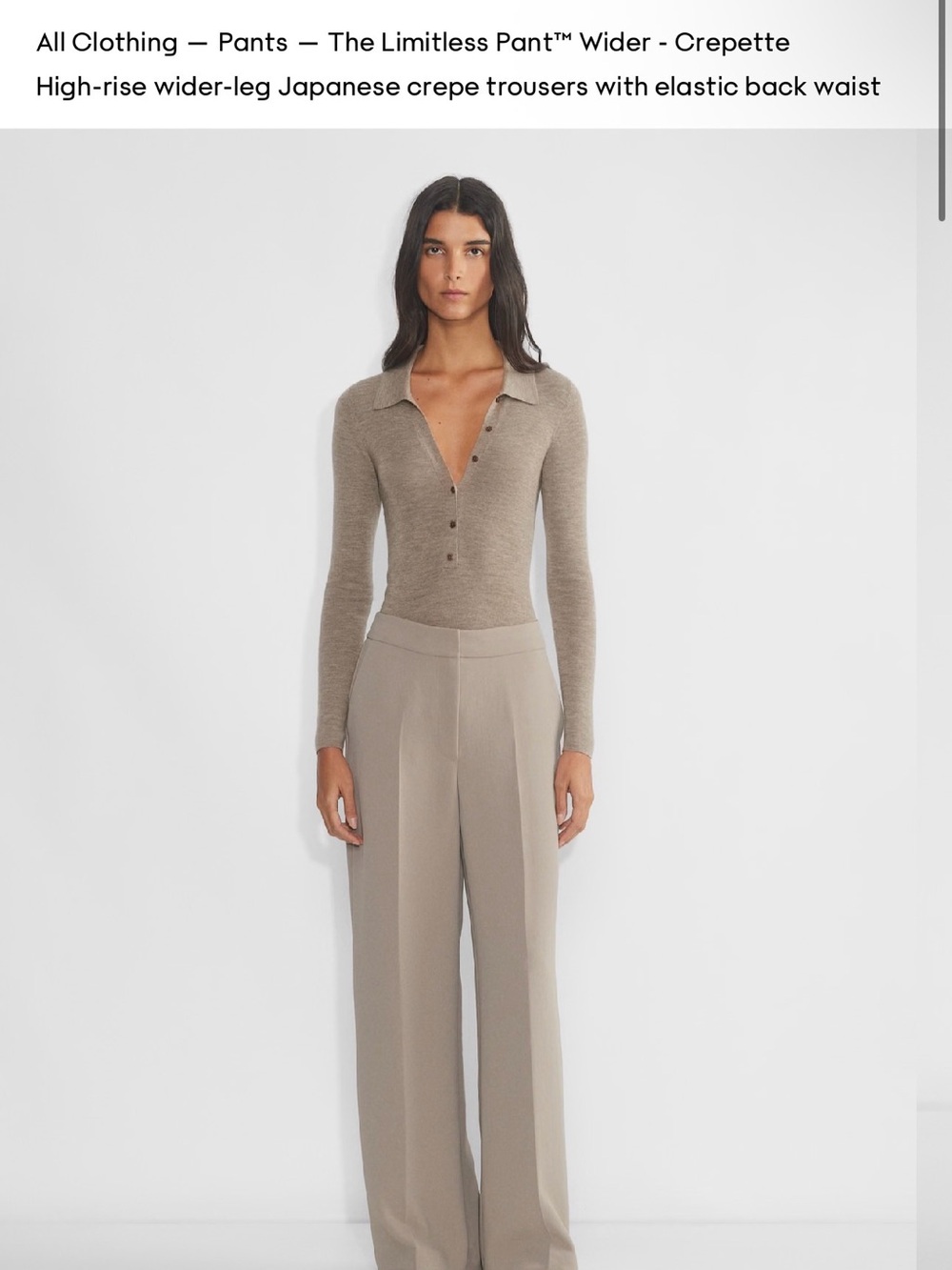 Aritzia Limitless WIDER trousers in taupe.